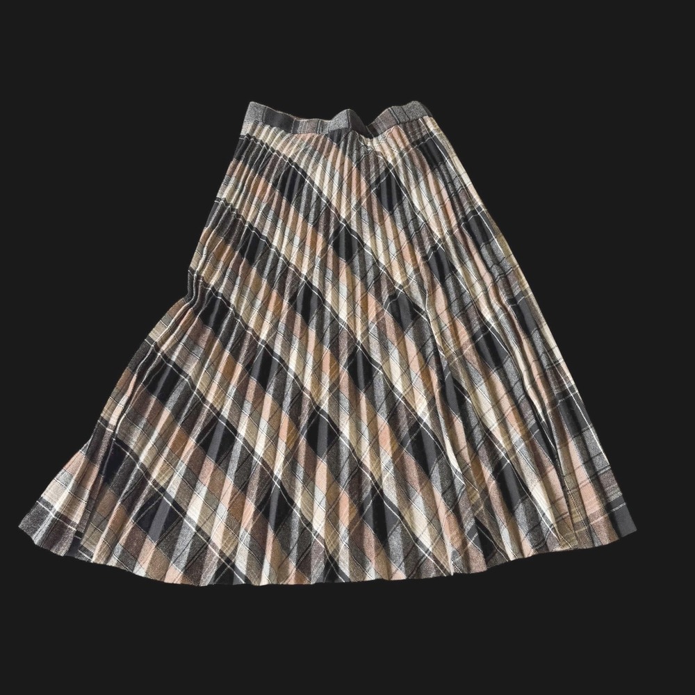 60's Vincenti Plaid Pleated Midi Skirt‎ Brown Black USA Made Sz 12 Vintage